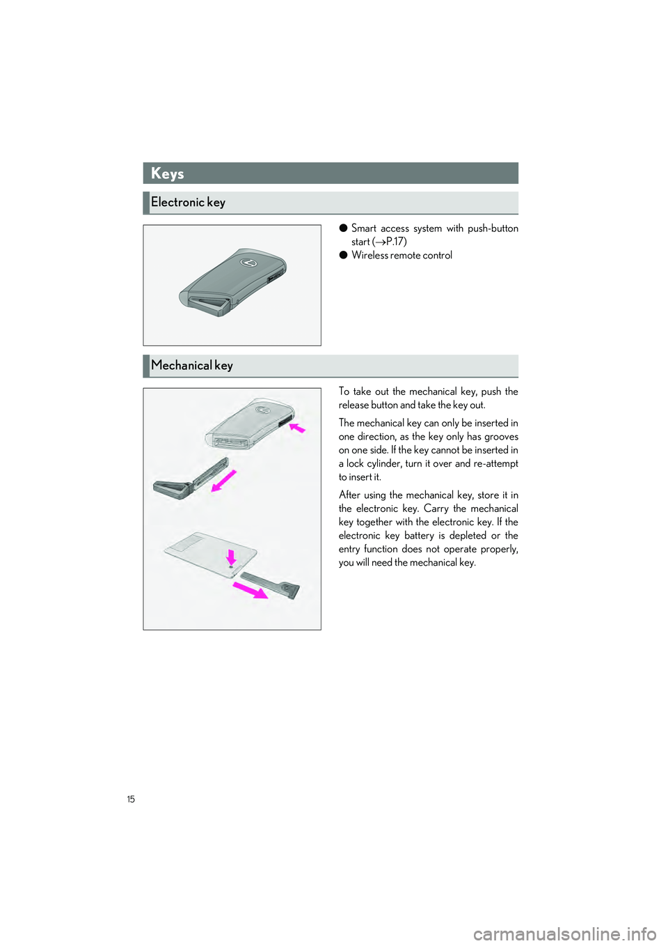 LEXUS ES300h 2023  Owners Manual 15
ES300h_QG_OM06257U_(U)
�OSmart access system with push-button
start ( P.17)
�O Wireless remote control
To take out the mechanical key, push the
release button and take the key out.
The mechanica