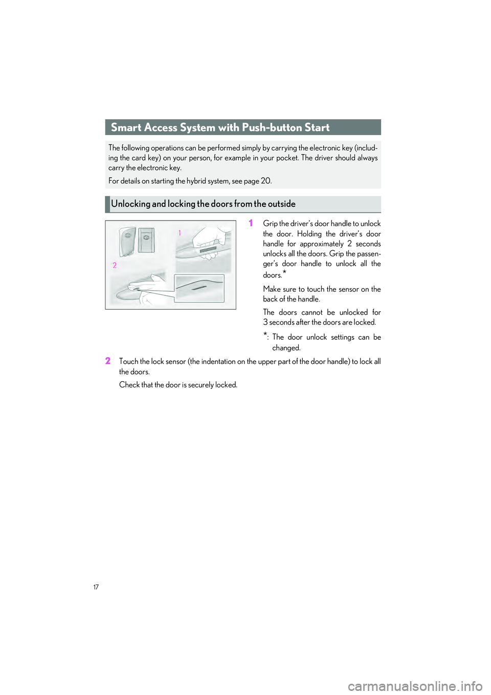 LEXUS ES300h 2023  Owners Manual 17
ES300h_QG_OM06257U_(U)
1Grip the driver’s door handle to unlock
the door. Holding the driver’s door
handle for approximately 2 seconds
unlocks all the doors. Grip the passen-
ger’s door handl