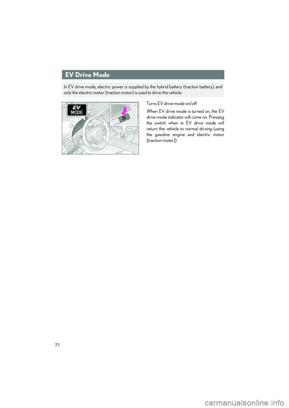 LEXUS ES300h 2023 Owners Manual 23
ES300h_QG_OM06257U_(U)
Turns EV drive mode on/off
When EV drive mode is turned on, the EV
drive mode indicator will come on. Pressing
the switch when in EV drive mode will
return the vehicle to nor LEXUS ES300h 2023 Owners Manual 23
ES300h_QG_OM06257U_(U)
Turns EV drive mode on/off
When EV drive mode is turned on, the EV
drive mode indicator will come on. Pressing
the switch when in EV drive mode will
return the vehicle to nor