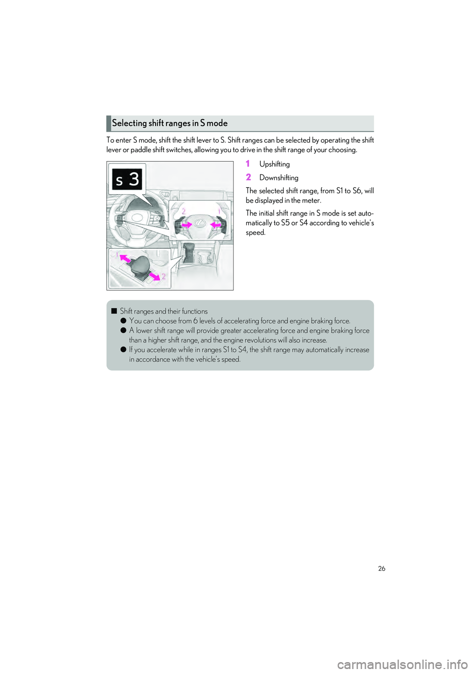 LEXUS ES300h 2023 Owners Manual 26
ES300h_QG_OM06257U_(U)
To enter S mode, shift the shift lever to S. Shift ranges can be selected by operating the shift
lever or paddle shift switches, allowing you to drive in the shift range of LEXUS ES300h 2023 Owners Manual 26
ES300h_QG_OM06257U_(U)
To enter S mode, shift the shift lever to S. Shift ranges can be selected by operating the shift
lever or paddle shift switches, allowing you to drive in the shift range of