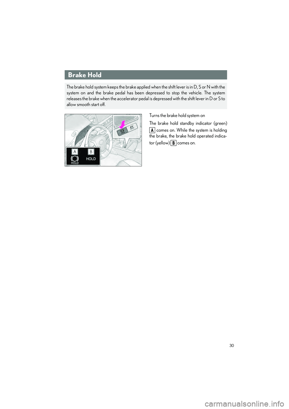 LEXUS ES300h 2023 Owners Guide 30
ES300h_QG_OM06257U_(U)
Turns the brake hold system on
The brake hold standby indicator (green) comes on. While the system is holding
the brake, the brake hold operated indica-
tor (yellow)   comes 