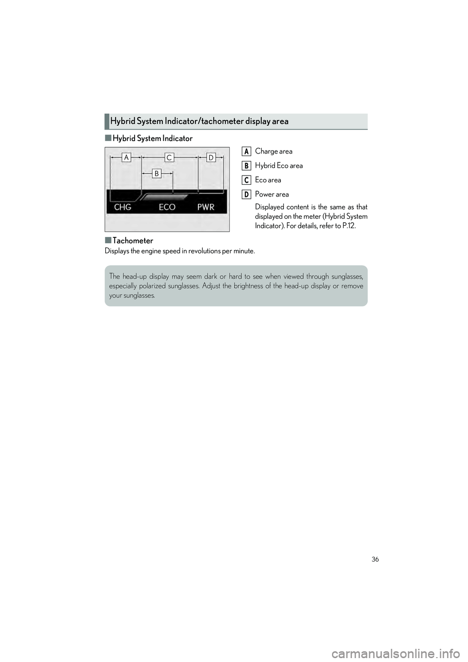 LEXUS ES300h 2023 Owners Guide 36
ES300h_QG_OM06257U_(U)
�QHybrid System Indicator
Charge area
Hybrid Eco area
Eco area
Power area
Displayed content is the same as that
displayed on the meter (Hybrid System
Indicator). For details,