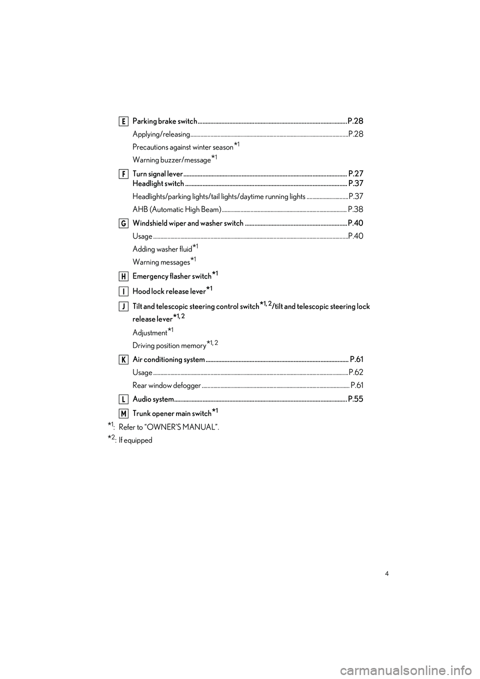 LEXUS ES300h 2023  Owners Manual 4
ES300h_QG_OM06257U_(U)
Parking brake switch ............................................................................................... P.28
Applying/releasing...................................