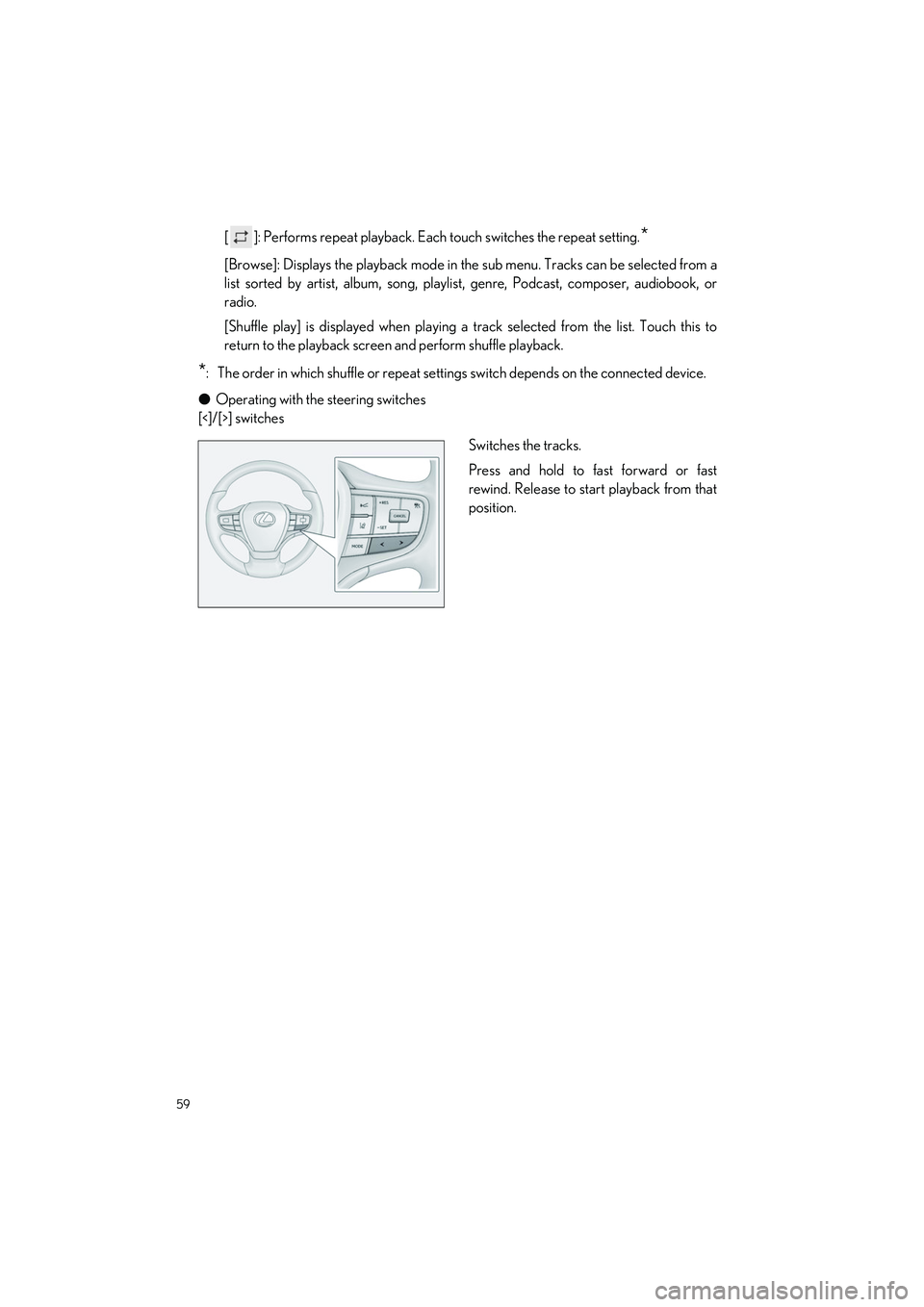 LEXUS ES300h 2023 Workshop Manual 59
ES300h_QG_OM06257U_(U)
[ ]: Performs repeat playback. Each touch switches the repeat setting.*
[Browse]: Displays the playback mode in the sub menu. Tracks can be selected from a
list sorted by art