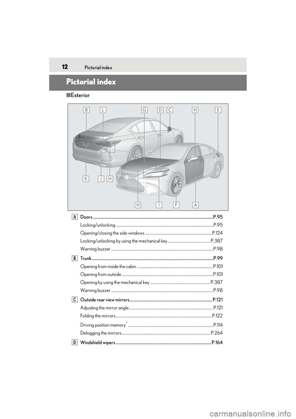 LEXUS ES350 2021 Owners Manual 12Pictorial index
Pictorial index
■Exterior
Doors .......................................................................................................................... ..P.95
Locking/unlocking LEXUS ES350 2021 Owners Manual 12Pictorial index
Pictorial index
■Exterior
Doors .......................................................................................................................... ..P.95
Locking/unlocking