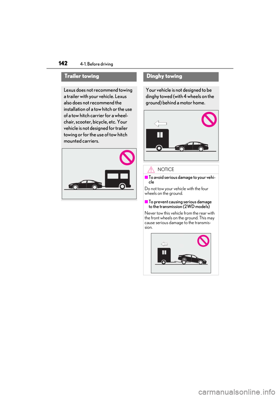 LEXUS ES350 2021 Owners Manual 1424-1. Before driving
Trailer towing
Lexus does not recommend towing
a trailer with your vehicle. Lexus
also does not recommend the
installation of a tow hitch or the use
of a tow hitch carrier f LEXUS ES350 2021 Owners Manual 1424-1. Before driving
Trailer towing
Lexus does not recommend towing
a trailer with your vehicle. Lexus
also does not recommend the
installation of a tow hitch or the use
of a tow hitch carrier f