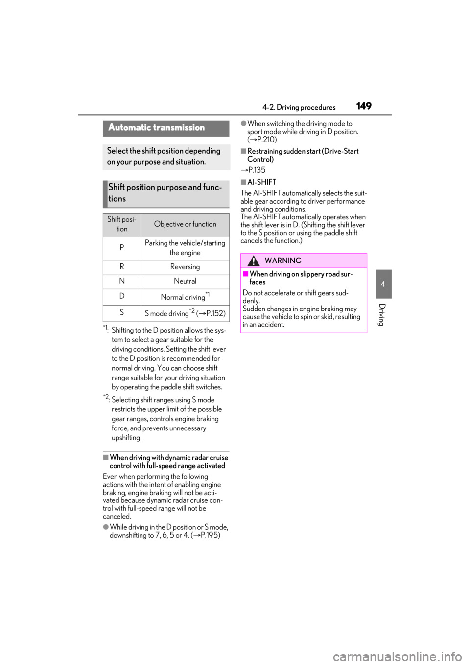 LEXUS ES350 2021 Owners Manual 1494-2. Driving procedures
4
Driving
*1: Shifting to the D position allows the sys-tem to select a gear suitable for the
driving conditions. Setting the shift lever
to the D position is recommended LEXUS ES350 2021 Owners Manual 1494-2. Driving procedures
4
Driving
*1: Shifting to the D position allows the sys-tem to select a gear suitable for the
driving conditions. Setting the shift lever
to the D position is recommended