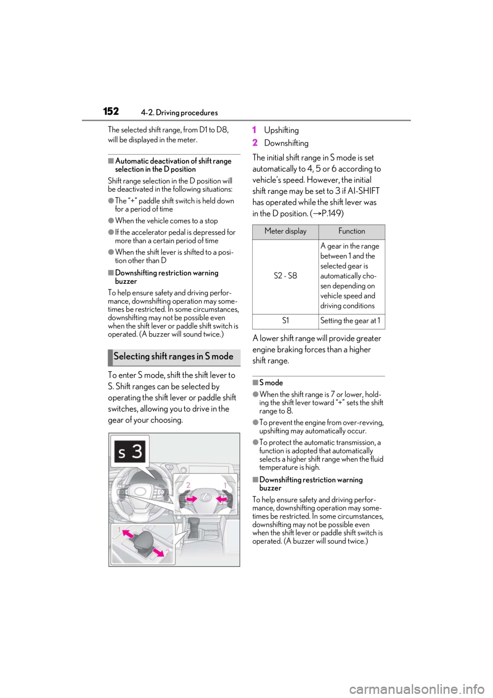 LEXUS ES350 2021 Owners Manual 1524-2. Driving procedures
The selected shift range, from D1 to D8,
will be displaye d in the meter.
■Automatic deactivation of shift range
selection in the D position
Shift range selection in the LEXUS ES350 2021 Owners Manual 1524-2. Driving procedures
The selected shift range, from D1 to D8,
will be displaye d in the meter.
■Automatic deactivation of shift range
selection in the D position
Shift range selection in the
