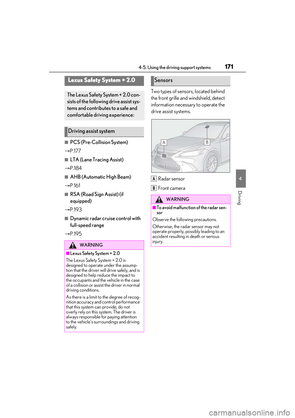 LEXUS ES350 2021 Owners Manual 1714-5. Using the driving support systems
4
Driving
4-5.Using the driving support systems
■PCS (Pre-Collision System)
P.177
■LTA (Lane Tracing Assist)
P.184
■AHB (Automatic High Beam)
LEXUS ES350 2021 Owners Manual 1714-5. Using the driving support systems
4
Driving
4-5.Using the driving support systems
■PCS (Pre-Collision System)
P.177
■LTA (Lane Tracing Assist)
P.184
■AHB (Automatic High Beam)