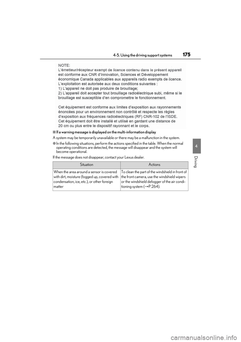 LEXUS ES350 2021 Owners Manual 1754-5. Using the driving support systems
4
Driving
■If a warning message is displayed on the multi-information display
A system may be temporarily unavailable or there may be a malfunction in the LEXUS ES350 2021 Owners Manual 1754-5. Using the driving support systems
4
Driving
■If a warning message is displayed on the multi-information display
A system may be temporarily unavailable or there may be a malfunction in the
