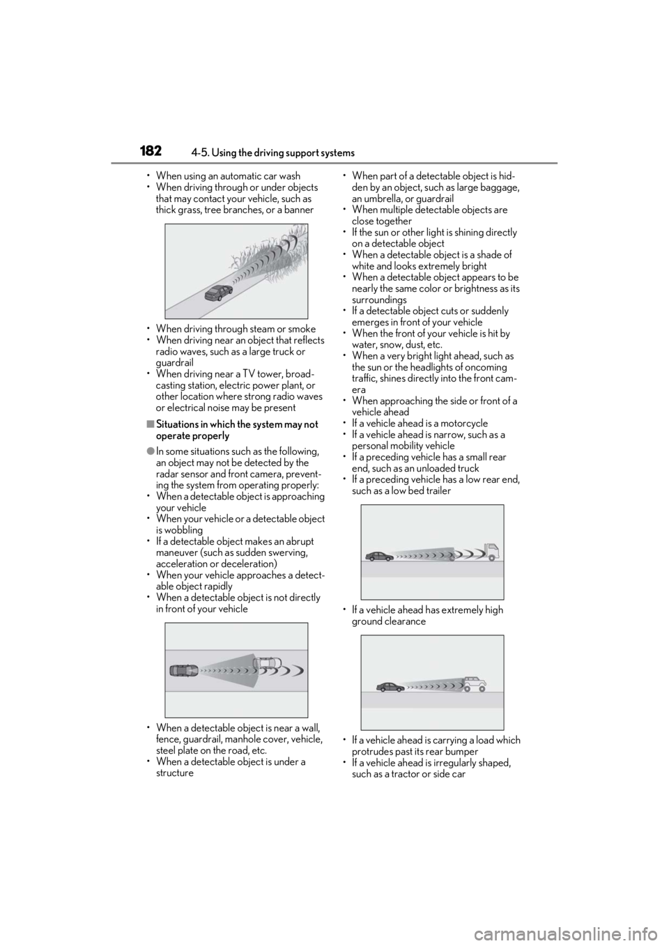 LEXUS ES350 2021 Owners Manual 1824-5. Using the driving support systems
• When using an automatic car wash
• When driving through or under objects that may contact your vehicle, such as
thick grass, tree branches, or a banner LEXUS ES350 2021 Owners Manual 1824-5. Using the driving support systems
• When using an automatic car wash
• When driving through or under objects that may contact your vehicle, such as
thick grass, tree branches, or a banner