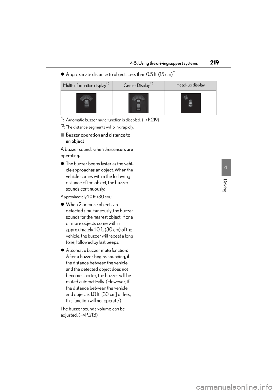 LEXUS ES350 2021 Owners Manual 2194-5. Using the driving support systems
4
Driving
Approximate distance to object: Less than 0.5 ft. (15 cm)*1
*1: Automatic buzzer mute function is disabled. ( P.219)
*2: The distance segmen t LEXUS ES350 2021 Owners Manual 2194-5. Using the driving support systems
4
Driving
Approximate distance to object: Less than 0.5 ft. (15 cm)*1
*1: Automatic buzzer mute function is disabled. ( P.219)
*2: The distance segmen t