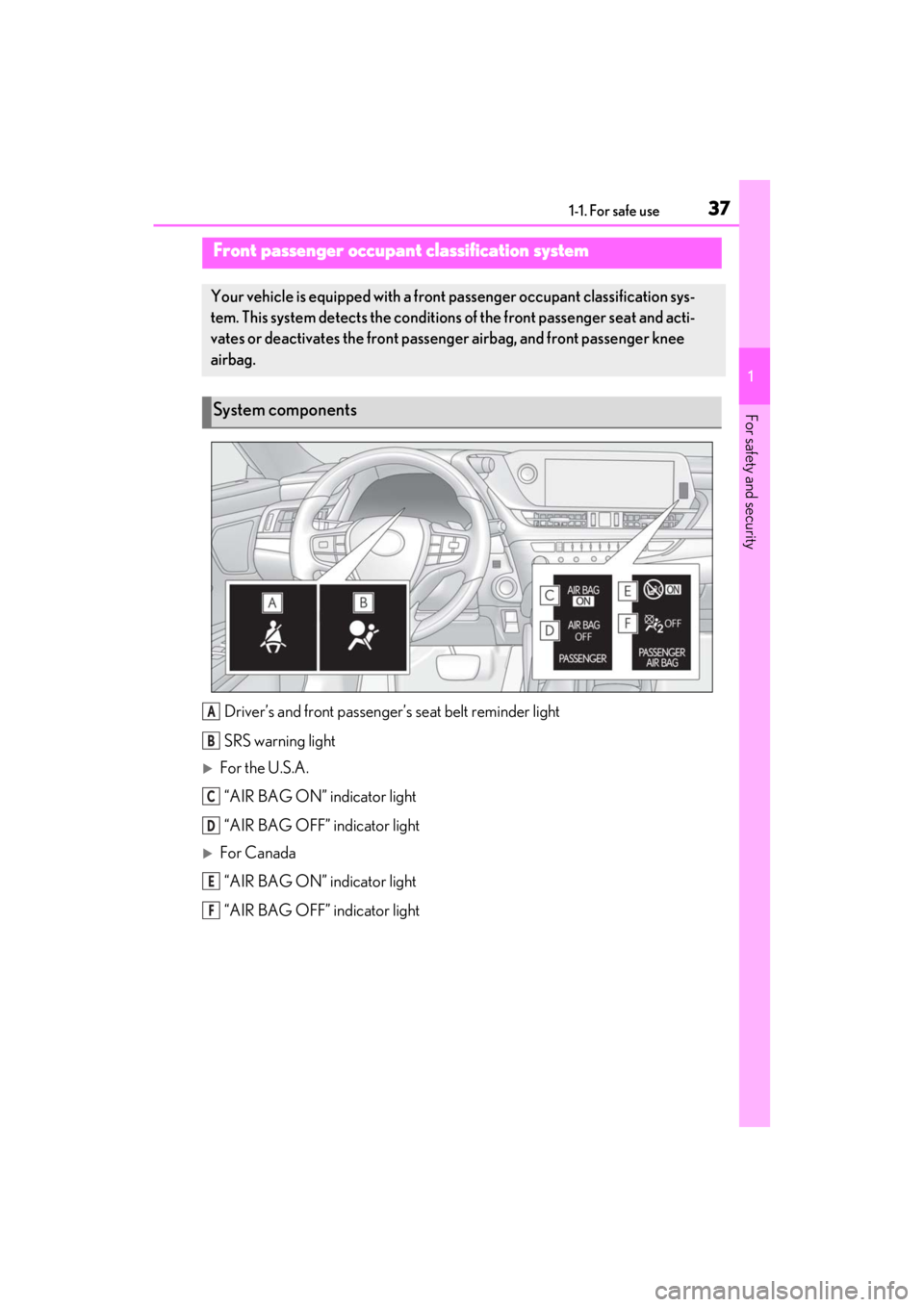LEXUS ES350 2021 Owners Guide 371-1. For safe use
1
For safety and security
Driver’s and front passenger’s seat belt reminder light
SRS warning light
For the U.S.A. “AIR BAG ON” indicator light
“AIR BAG OFF” indicat LEXUS ES350 2021 Owners Guide 371-1. For safe use
1
For safety and security
Driver’s and front passenger’s seat belt reminder light
SRS warning light
For the U.S.A. “AIR BAG ON” indicator light
“AIR BAG OFF” indicat
