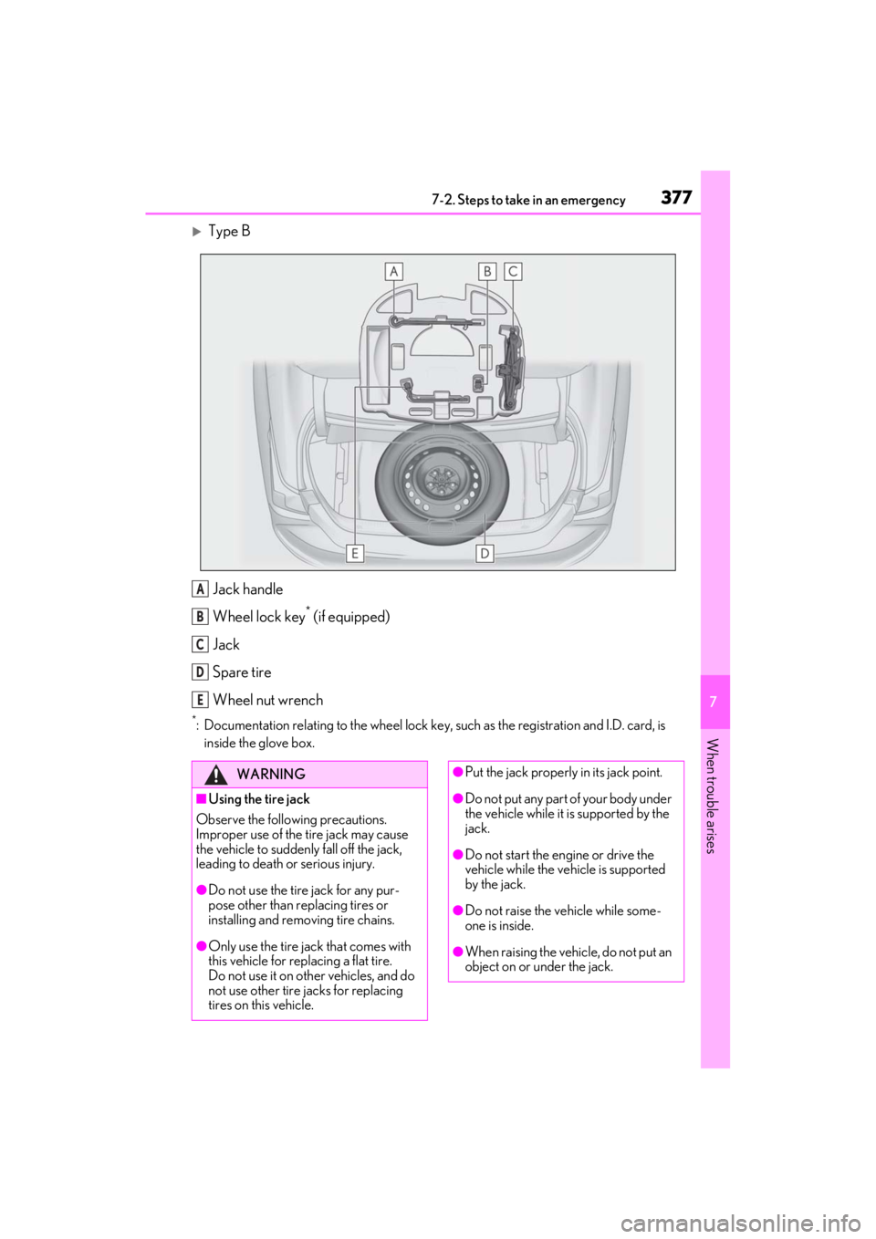 LEXUS ES350 2021  Owners Manual 3777-2. Steps to take in an emergency
7
When trouble arises
Type BJack handle
Wheel lock key
* (if equipped)
Jack
Spare tire
Wheel nut wrench
*: Documentation relating to the wheel lock key,  such 