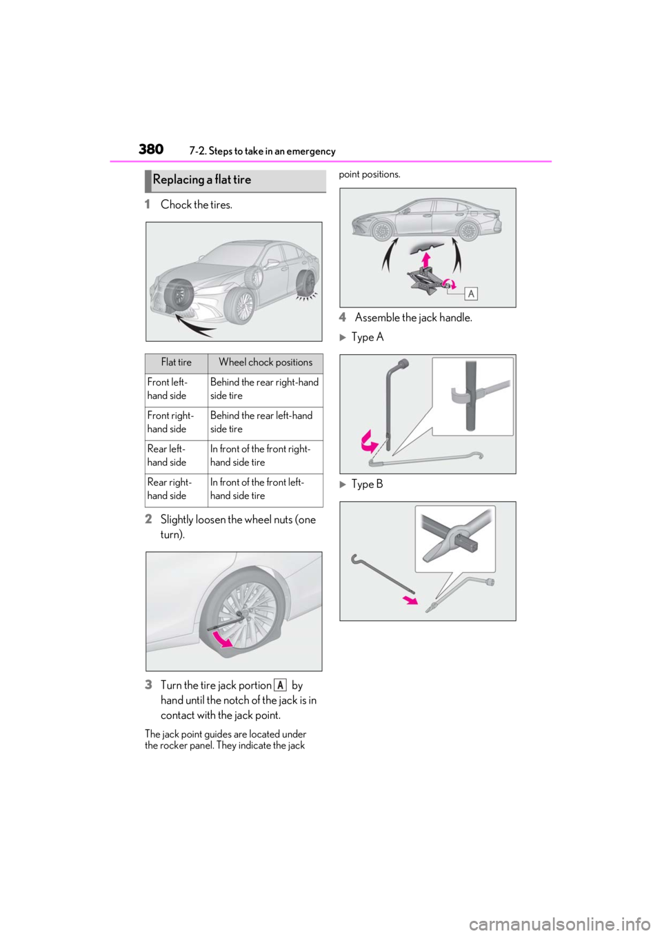 LEXUS ES350 2021  Owners Manual 3807-2. Steps to take in an emergency
1Chock the tires.
2 Slightly loosen the wheel nuts (one 
turn).
3 Turn the tire jack portion   by 
hand until the notch of the jack is in 
contact with the jack p