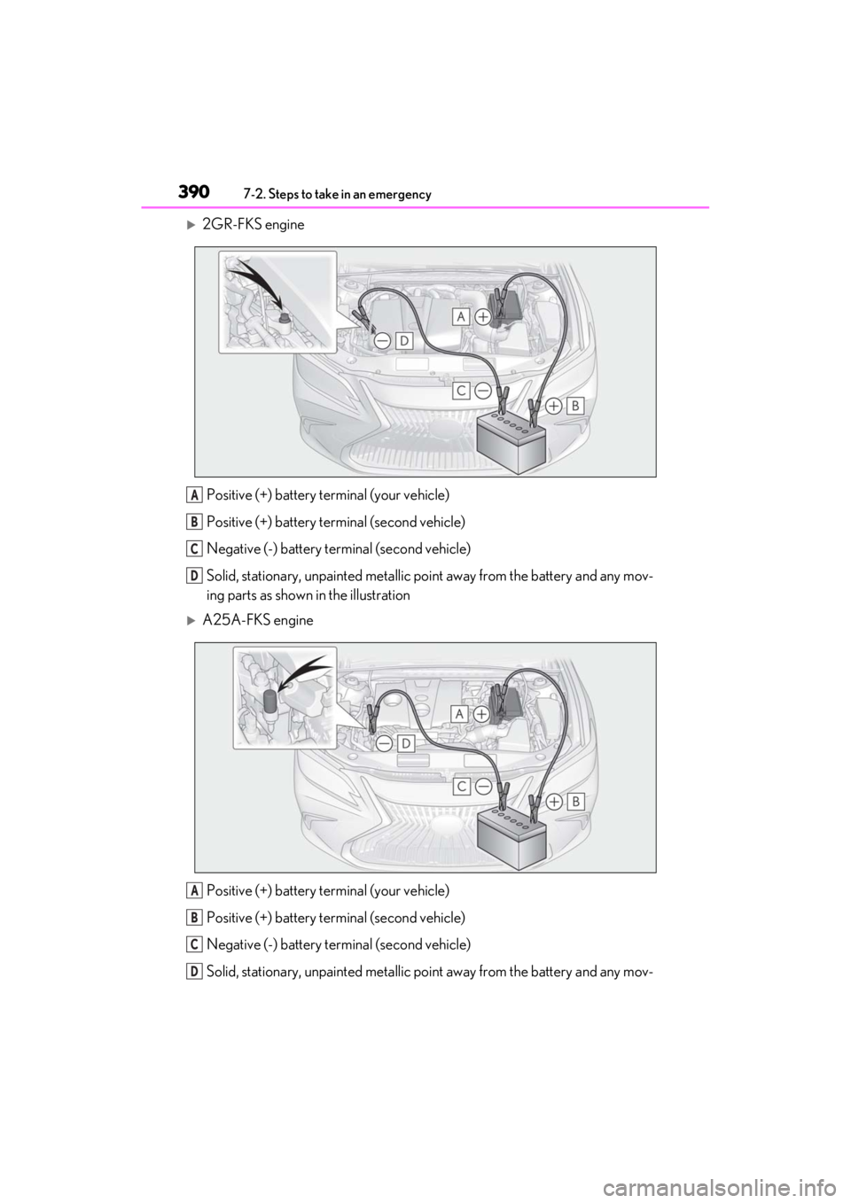 LEXUS ES350 2021 Owners Manual 3907-2. Steps to take in an emergency
2GR-FKS enginePositive (+) battery terminal (your vehicle)
Positive (+) battery terminal (second vehicle)
Negative (-) battery terminal (second vehicle)
Solid, LEXUS ES350 2021 Owners Manual 3907-2. Steps to take in an emergency
2GR-FKS enginePositive (+) battery terminal (your vehicle)
Positive (+) battery terminal (second vehicle)
Negative (-) battery terminal (second vehicle)
Solid,