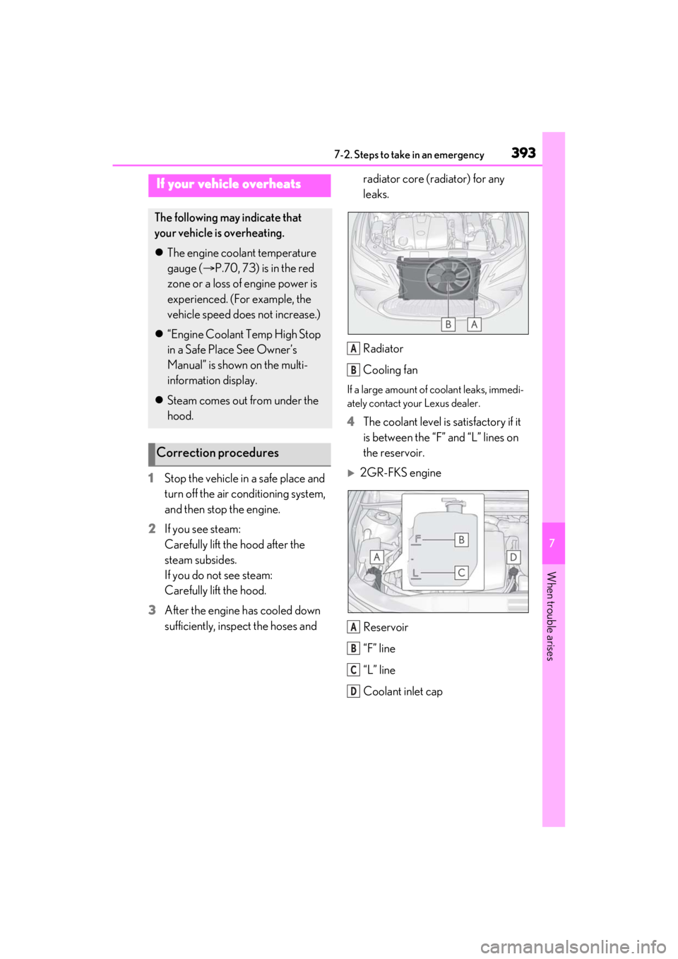 LEXUS ES350 2021 Owners Manual 3937-2. Steps to take in an emergency
7
When trouble arises
1Stop the vehicle in a safe place and
turn off the air conditioning system,
and then stop the engine.
2 If you see steam:
Carefully lift LEXUS ES350 2021 Owners Manual 3937-2. Steps to take in an emergency
7
When trouble arises
1Stop the vehicle in a safe place and
turn off the air conditioning system,
and then stop the engine.
2 If you see steam:
Carefully lift