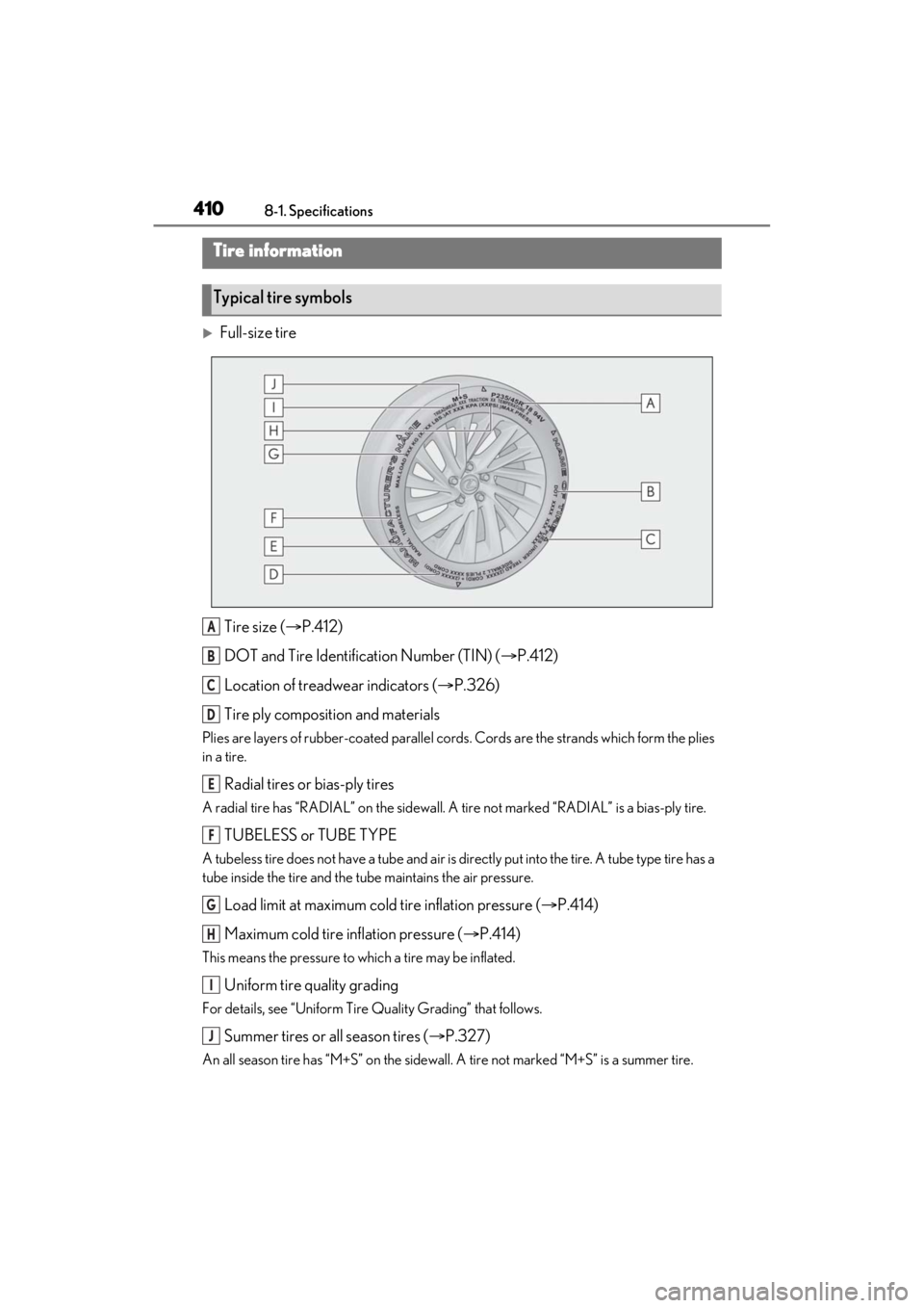 LEXUS ES350 2021 Owners Manual 4108-1. Specifications
Full-size tireTire size ( P.412)
DOT and Tire Identification Number (TIN) ( P.412)
Location of treadwear indicators ( P.326)
Tire ply composition and materials
Plies LEXUS ES350 2021 Owners Manual 4108-1. Specifications
Full-size tireTire size ( P.412)
DOT and Tire Identification Number (TIN) ( P.412)
Location of treadwear indicators ( P.326)
Tire ply composition and materials
Plies