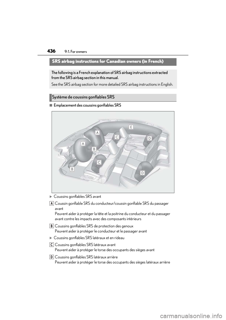LEXUS ES350 2021 Owners Manual 4369-1. For owners
■Emplacement des coussins gonflables SRS
Coussins gonflables SRS avant
Coussin gonflable SRS du conducteur/coussin gonflable SRS du passager
avant
Peuvent aider à protéger l LEXUS ES350 2021 Owners Manual 4369-1. For owners
■Emplacement des coussins gonflables SRS
Coussins gonflables SRS avant
Coussin gonflable SRS du conducteur/coussin gonflable SRS du passager
avant
Peuvent aider à protéger l