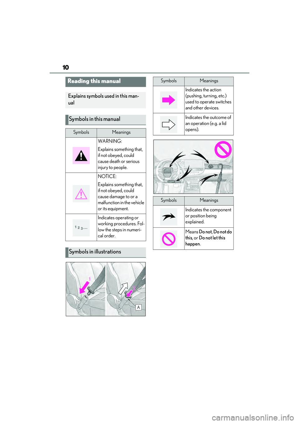 LEXUS ES350 2022 User Guide 10
Reading this manual
Explains symbols used in this man-
ual
Symbols in this manual
SymbolsMeanings
WARNING:
Explains something that,
if not obeyed, could
cause death or serious
injury to people.
LEXUS ES350 2022 User Guide 10
Reading this manual
Explains symbols used in this man-
ual
Symbols in this manual
SymbolsMeanings
WARNING:
Explains something that,
if not obeyed, could
cause death or serious
injury to people.