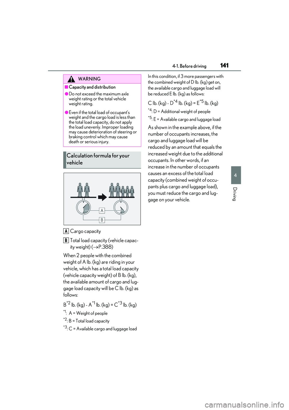 LEXUS ES350 2022 Owners Manual 1414-1. Before driving
4
Driving
Cargo capacity
Total load capacity (vehicle capac-
ity weight) (P.388)
When 2 people with the combined
weight of A lb. (kg) are riding in your
vehicle, which has LEXUS ES350 2022 Owners Manual 1414-1. Before driving
4
Driving
Cargo capacity
Total load capacity (vehicle capac-
ity weight) (P.388)
When 2 people with the combined
weight of A lb. (kg) are riding in your
vehicle, which has