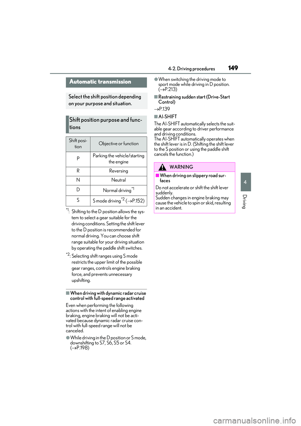 LEXUS ES350 2022 Owners Manual 1494-2. Driving procedures
4
Driving
*1: Shifting to the D position allows the sys-tem to select a gear suitable for the
driving conditions. Setting the shift lever
to the D position is recommended LEXUS ES350 2022 Owners Manual 1494-2. Driving procedures
4
Driving
*1: Shifting to the D position allows the sys-tem to select a gear suitable for the
driving conditions. Setting the shift lever
to the D position is recommended