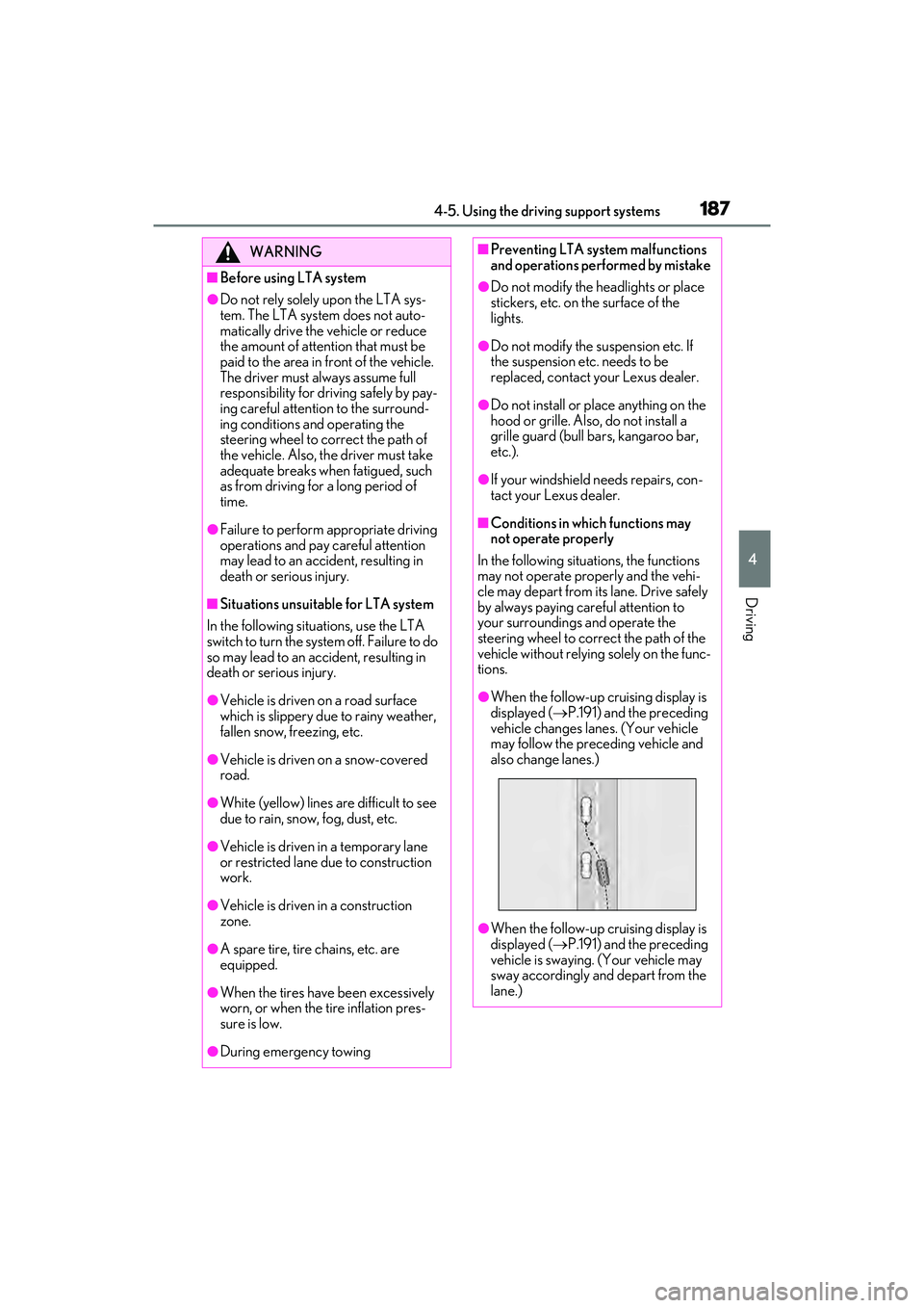 LEXUS ES350 2022 Repair Manual 1874-5. Using the driving support systems
4
Driving
WARNING
■Before using LTA system
●Do not rely solely upon the LTA sys-
tem. The LTA system does not auto-
matically drive the vehicle or reduce LEXUS ES350 2022 Repair Manual 1874-5. Using the driving support systems
4
Driving
WARNING
■Before using LTA system
●Do not rely solely upon the LTA sys-
tem. The LTA system does not auto-
matically drive the vehicle or reduce