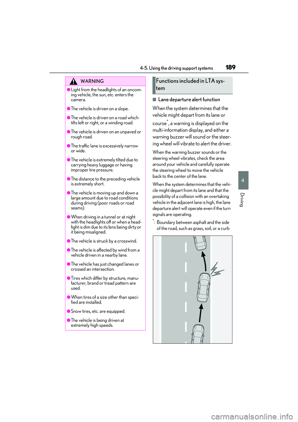 LEXUS ES350 2022 Repair Manual 1894-5. Using the driving support systems
4
Driving
■Lane departure alert function
When the system determines that the
vehicle might depart from its lane or
course
*, a warning is displayed on the LEXUS ES350 2022 Repair Manual 1894-5. Using the driving support systems
4
Driving
■Lane departure alert function
When the system determines that the
vehicle might depart from its lane or
course
*, a warning is displayed on the