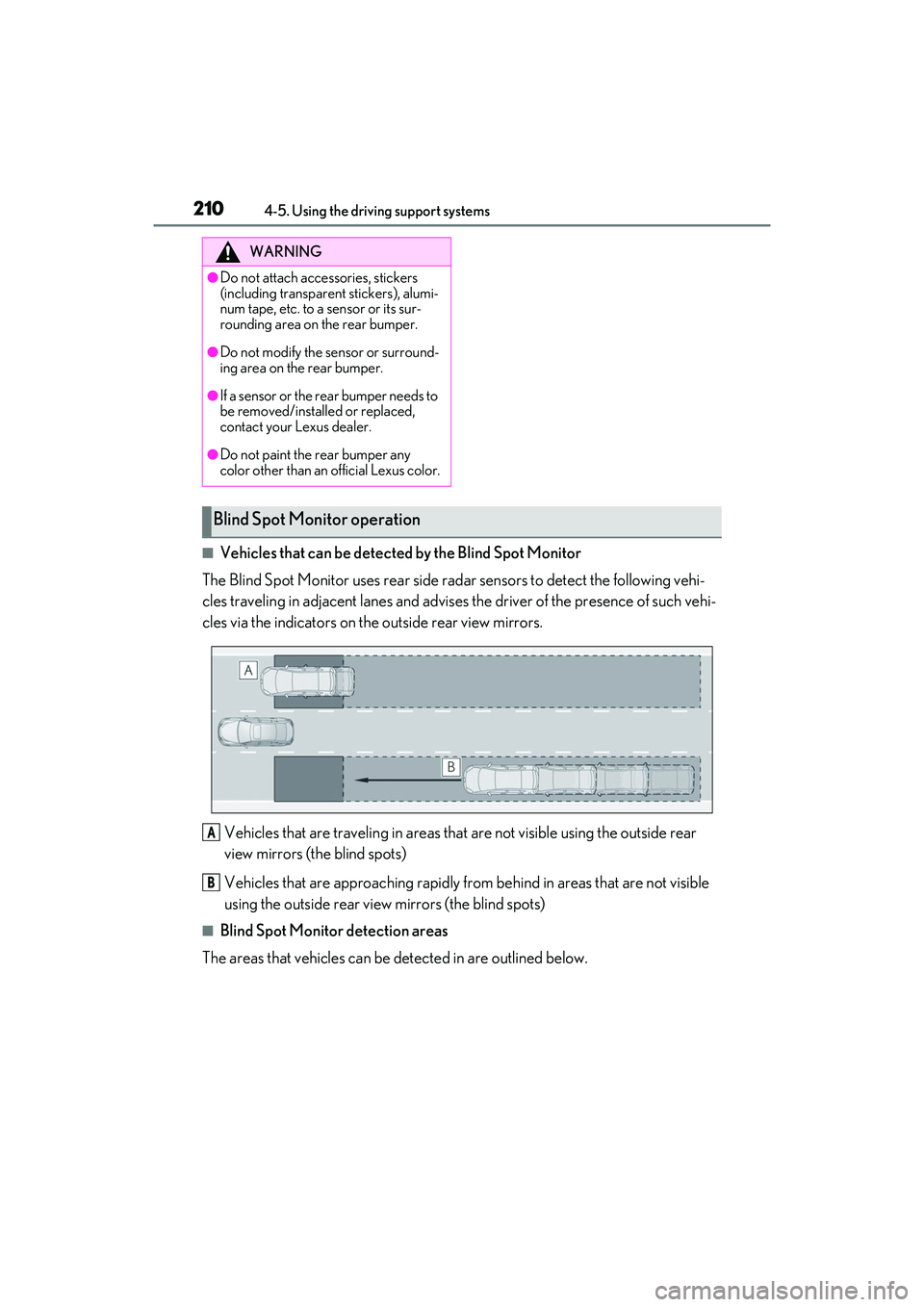 LEXUS ES350 2022 Owners Manual 2104-5. Using the driving support systems
■Vehicles that can be detected by the Blind Spot Monitor
The Blind Spot Monitor uses rear side radar sensors to detect the following vehi-
cles traveling in LEXUS ES350 2022 Owners Manual 2104-5. Using the driving support systems
■Vehicles that can be detected by the Blind Spot Monitor
The Blind Spot Monitor uses rear side radar sensors to detect the following vehi-
cles traveling in