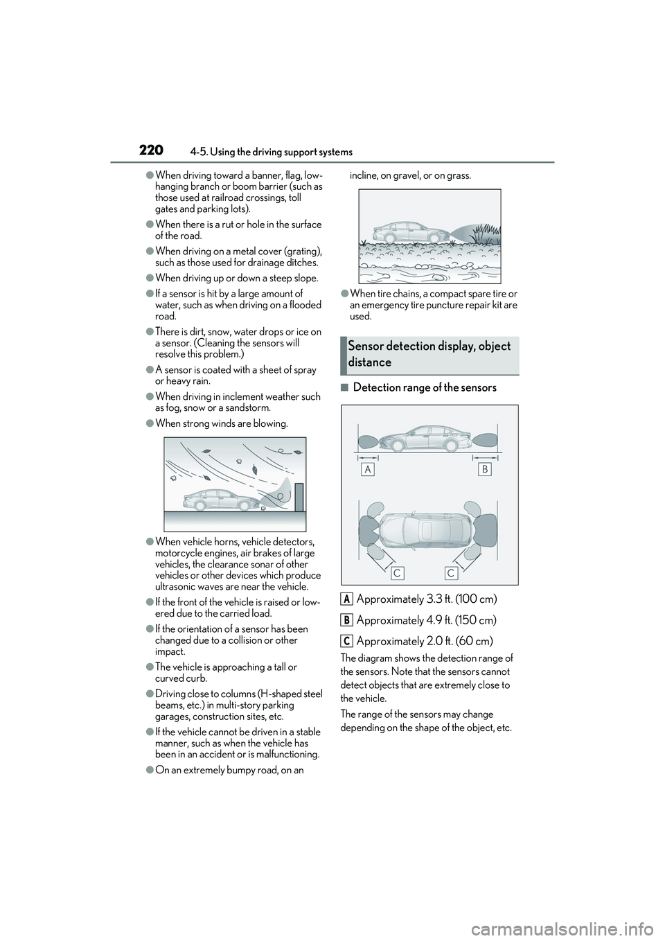 LEXUS ES350 2022  Owners Manual 2204-5. Using the driving support systems
●When driving toward a banner, flag, low-
hanging branch or boom barrier (such as 
those used at railroad crossings, toll 
gates and parking lots).
●When 