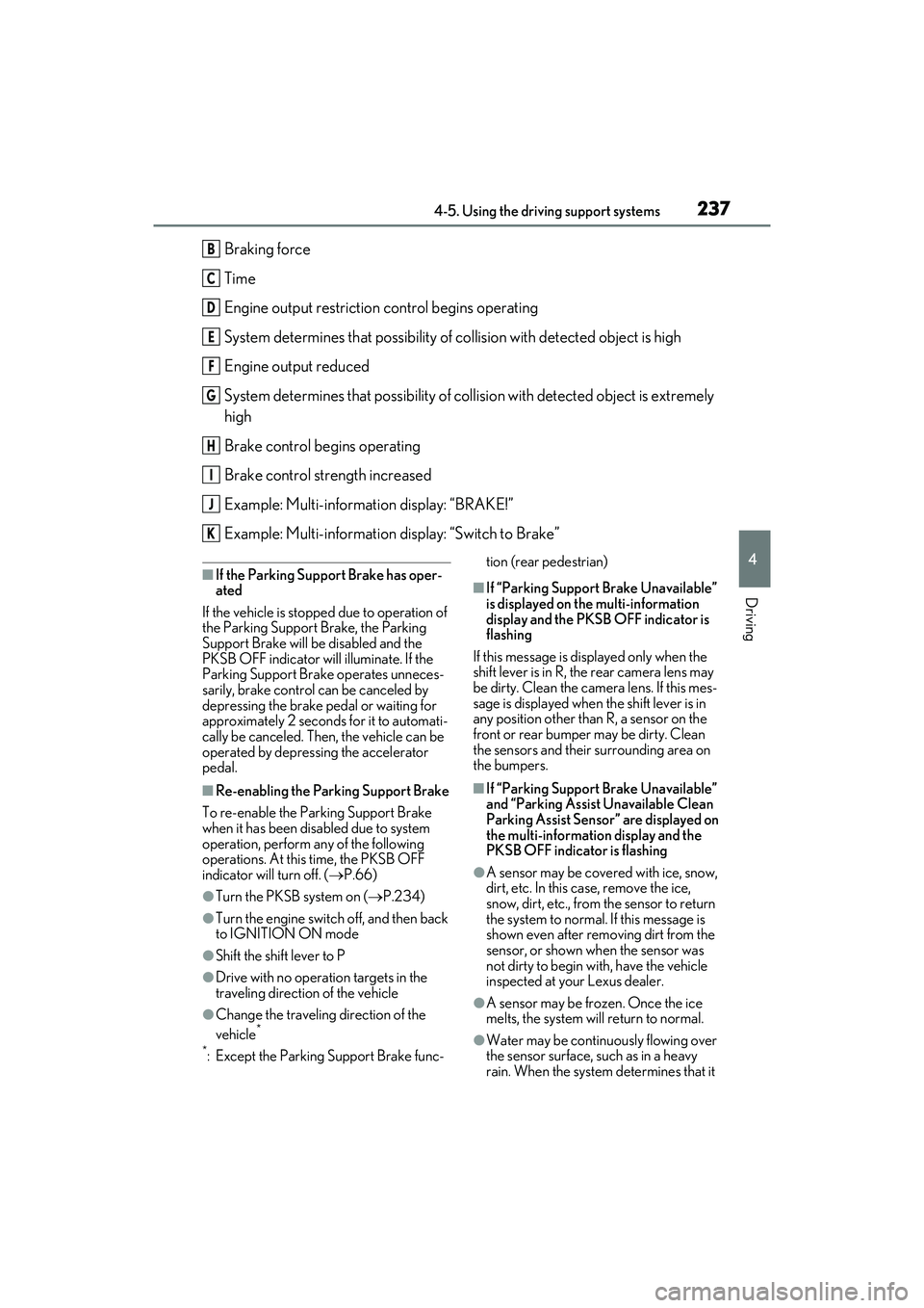 LEXUS ES350 2022  Owners Manual 2374-5. Using the driving support systems
4
Driving
Braking force
Time
Engine output restriction control begins operating 
System determines that possibility of collision with detected object is high
