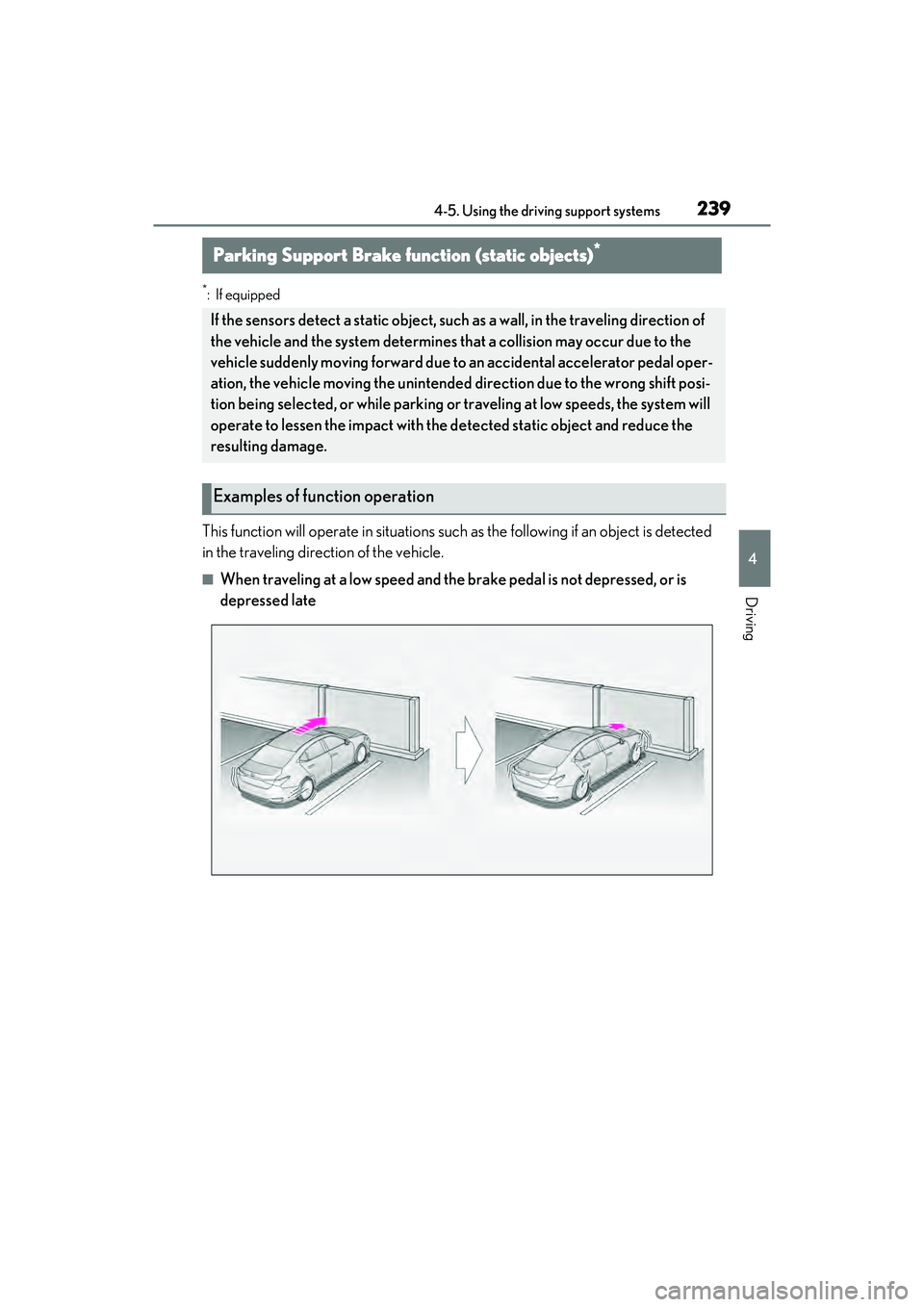 LEXUS ES350 2022 User Guide 2394-5. Using the driving support systems
4
Driving
*: If equipped
This function will operate in situations such as the following if an object is detected
in the traveling direction of the vehicle.
LEXUS ES350 2022 User Guide 2394-5. Using the driving support systems
4
Driving
*: If equipped
This function will operate in situations such as the following if an object is detected
in the traveling direction of the vehicle.