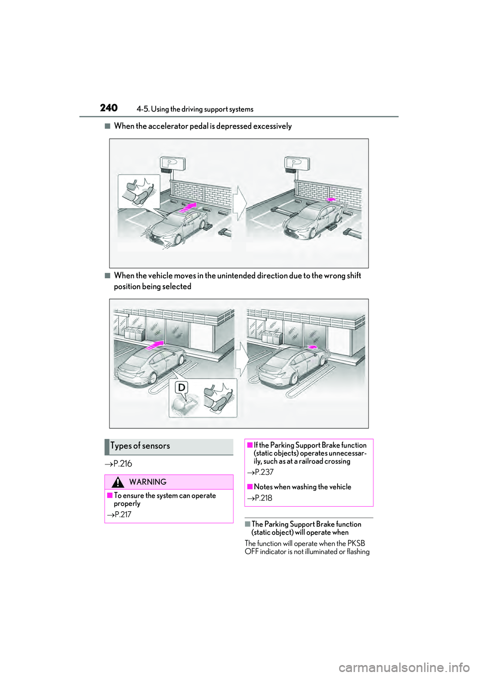 LEXUS ES350 2022 User Guide 2404-5. Using the driving support systems
■When the accelerator pedal is depressed excessively
■When the vehicle moves in the unintended direction due to the wrong shift
position being selected
LEXUS ES350 2022 User Guide 2404-5. Using the driving support systems
■When the accelerator pedal is depressed excessively
■When the vehicle moves in the unintended direction due to the wrong shift
position being selected