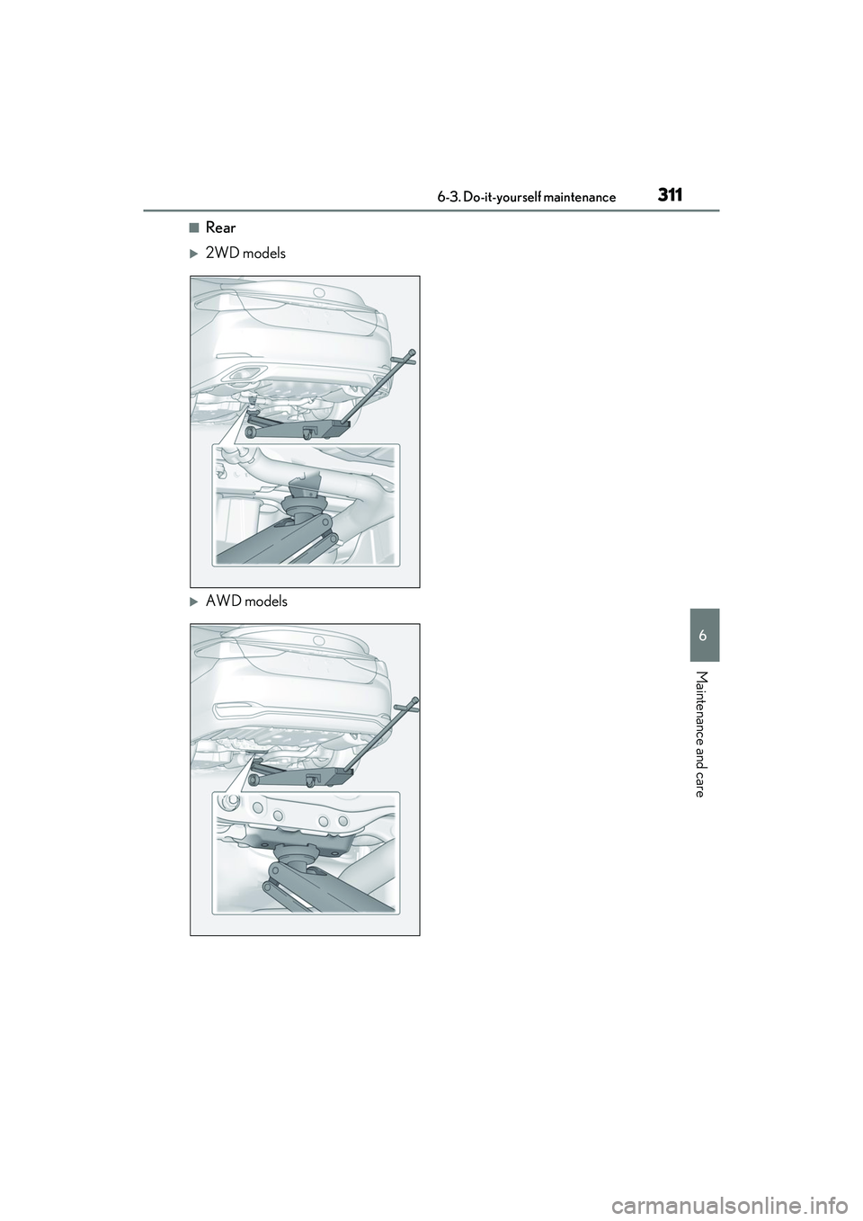 LEXUS ES350 2022  Owners Manual 3116-3. Do-it-yourself maintenance
6
Maintenance and care
■Rear
2WD models
AWD models 