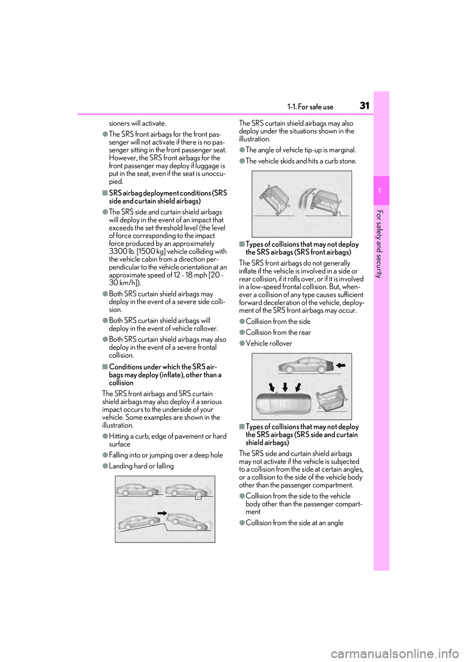 LEXUS ES350 2022 Owners Guide 311-1. For safe use
1
For safety and security
sioners will activate.
●The SRS front airbags for the front pas-
senger will not activate if there is no pas-
senger sitting in the front passenger seat