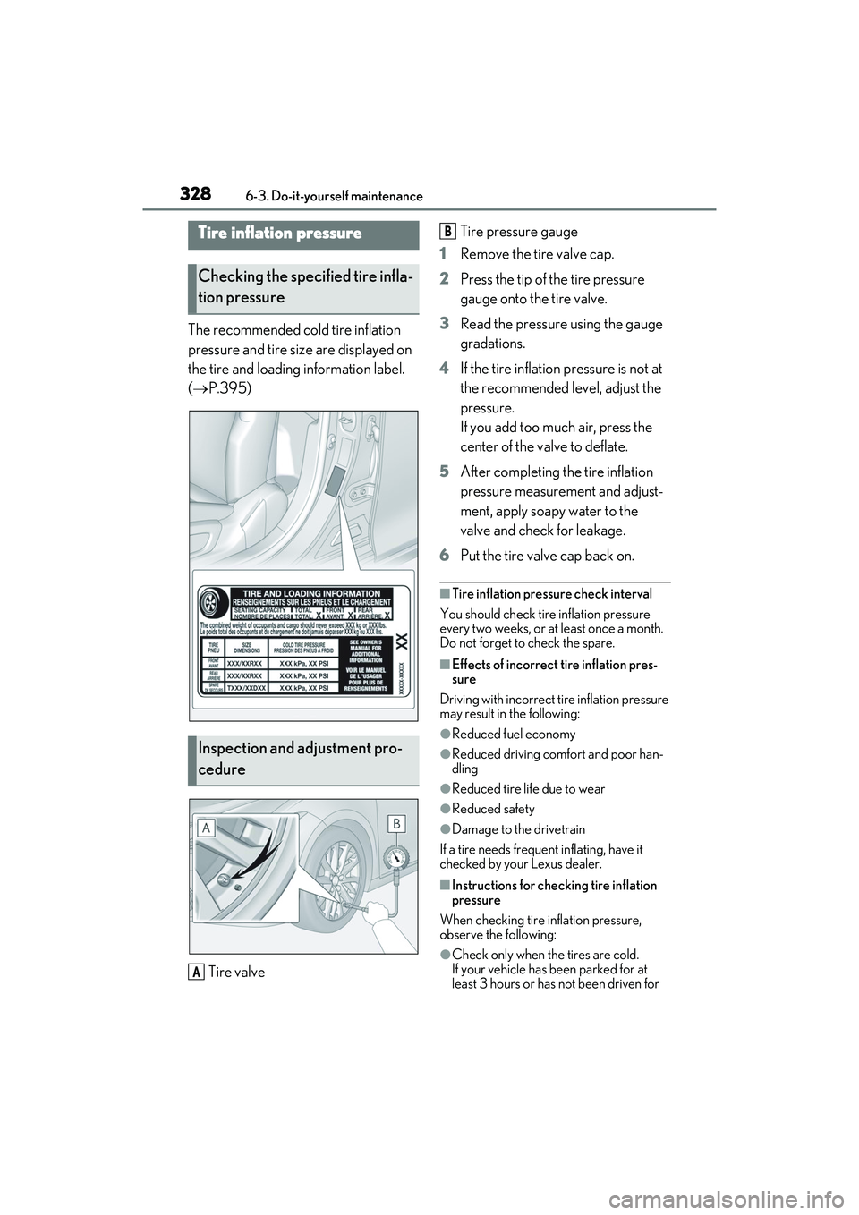 LEXUS ES350 2022  Owners Manual 3286-3. Do-it-yourself maintenance
The recommended cold tire inflation 
pressure and tire size are displayed on 
the tire and loading information label. 
( P.395)
Tire valve Tire pressure gauge
1 R
