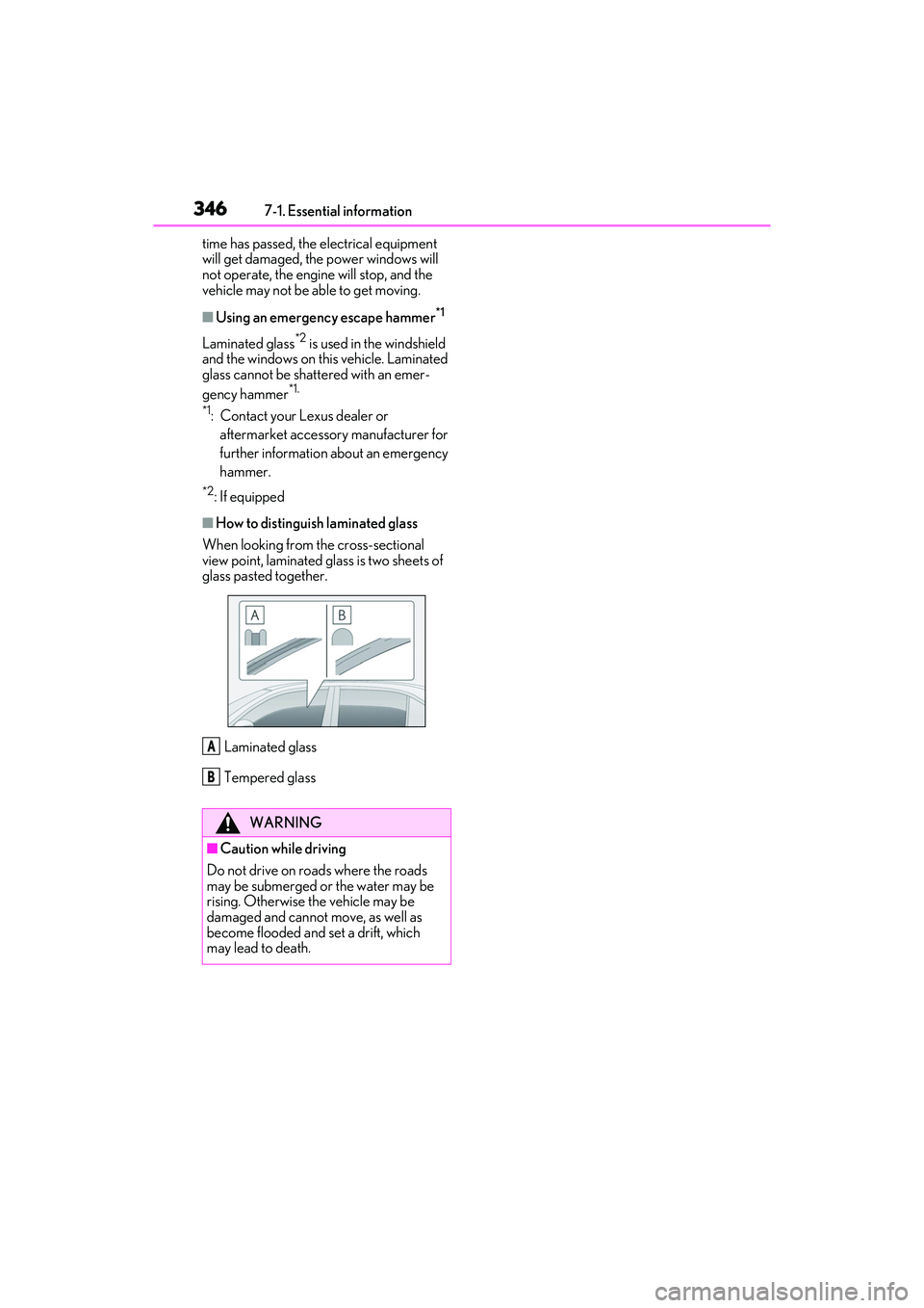 LEXUS ES350 2022 Owners Manual 3467-1. Essential information
time has passed, the electrical equipment
will get damaged, the power windows will
not operate, the engine will stop, and the
vehicle may not be able to get moving.
LEXUS ES350 2022 Owners Manual 3467-1. Essential information
time has passed, the electrical equipment
will get damaged, the power windows will
not operate, the engine will stop, and the
vehicle may not be able to get moving.