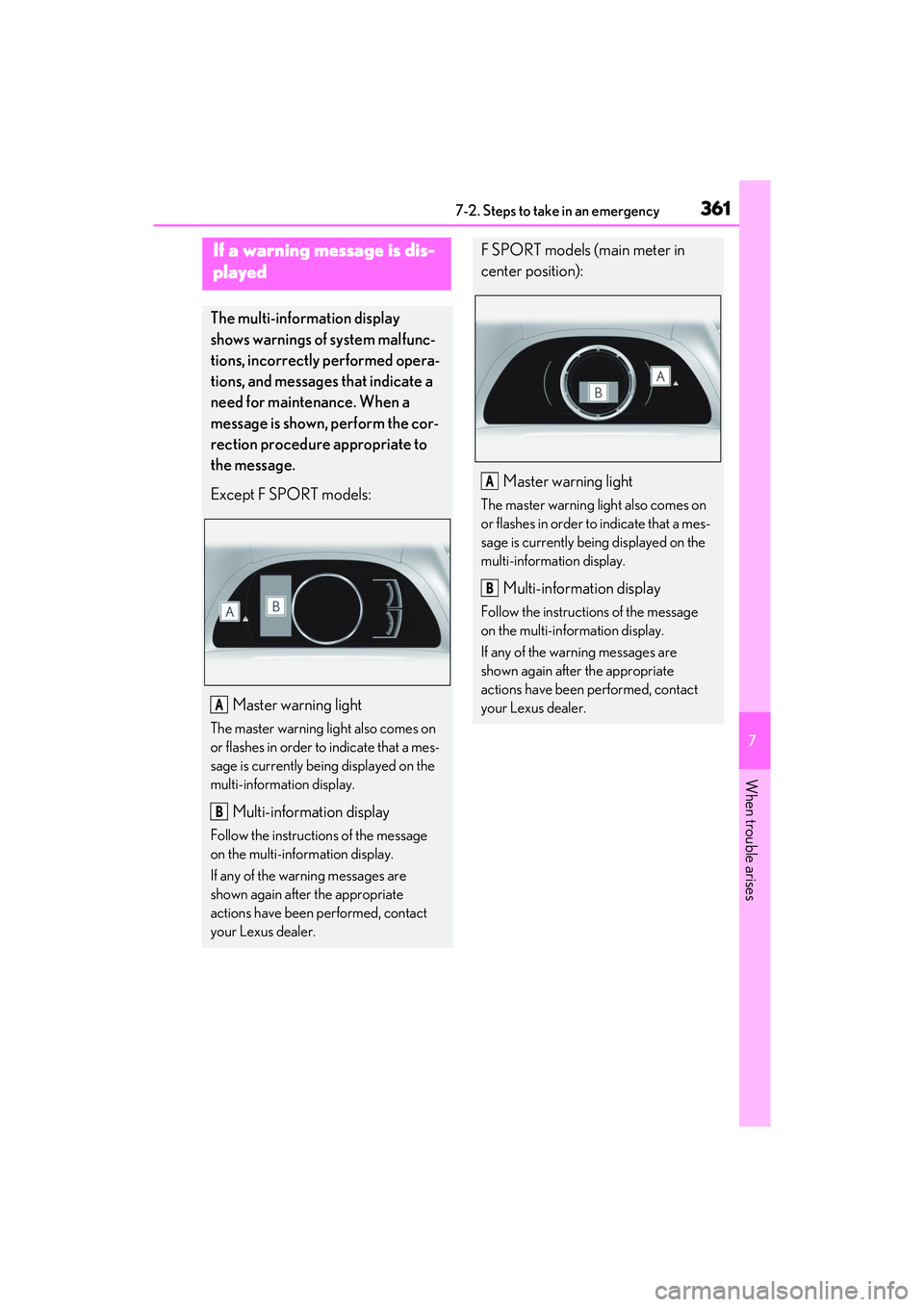 LEXUS ES350 2022  Owners Manual 3617-2. Steps to take in an emergency
7
When trouble arises
If a warning message is dis-
played
The multi-information display 
shows warnings of system malfunc-
tions, incorrectly performed opera-
tio