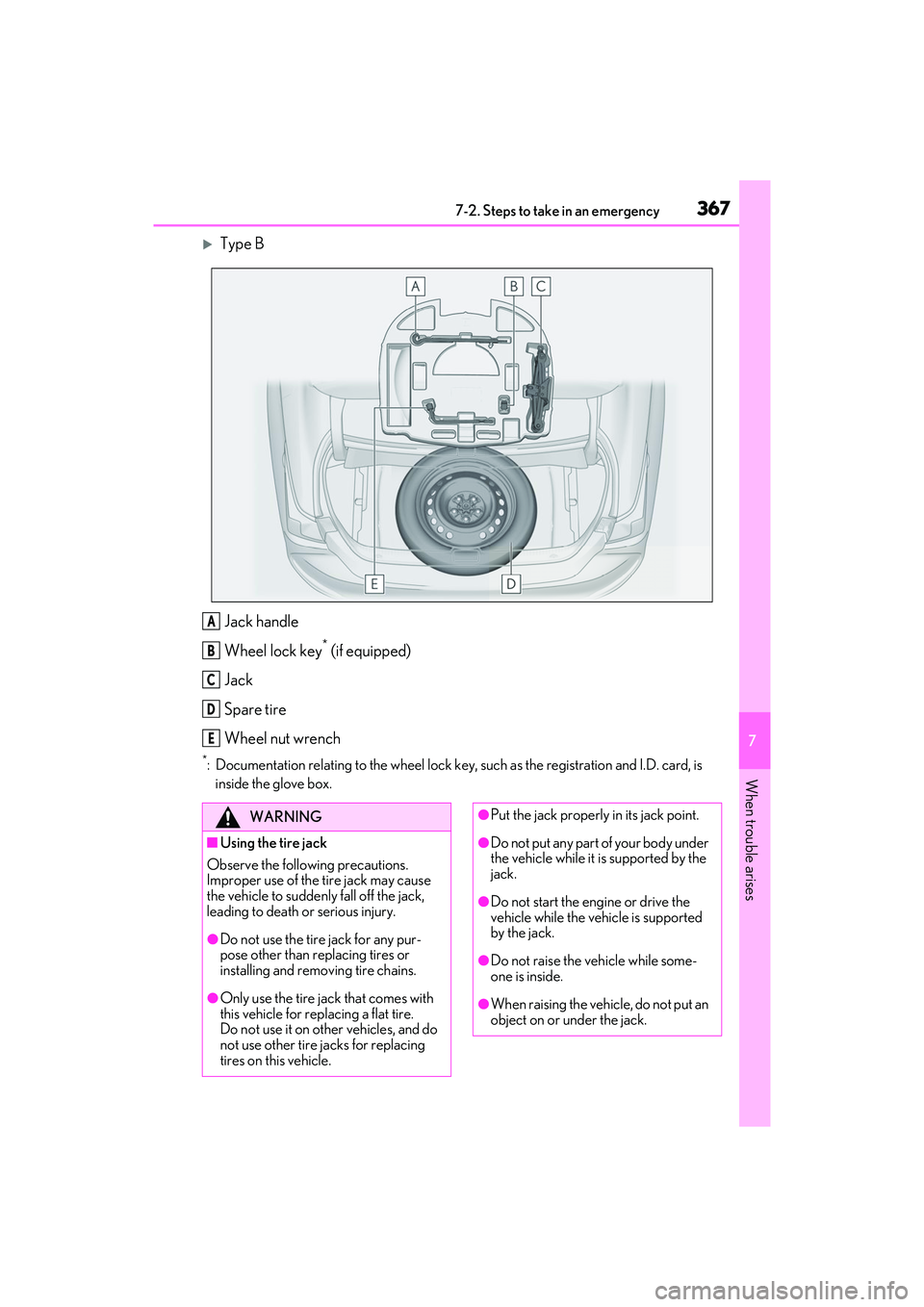 LEXUS ES350 2022 Owners Manual 3677-2. Steps to take in an emergency
7
When trouble arises
Type BJack handle
Wheel lock key
* (if equipped)
Jack
Spare tire
Wheel nut wrench
*: Documentation relating to the wheel lock key, such a LEXUS ES350 2022 Owners Manual 3677-2. Steps to take in an emergency
7
When trouble arises
Type BJack handle
Wheel lock key
* (if equipped)
Jack
Spare tire
Wheel nut wrench
*: Documentation relating to the wheel lock key, such a