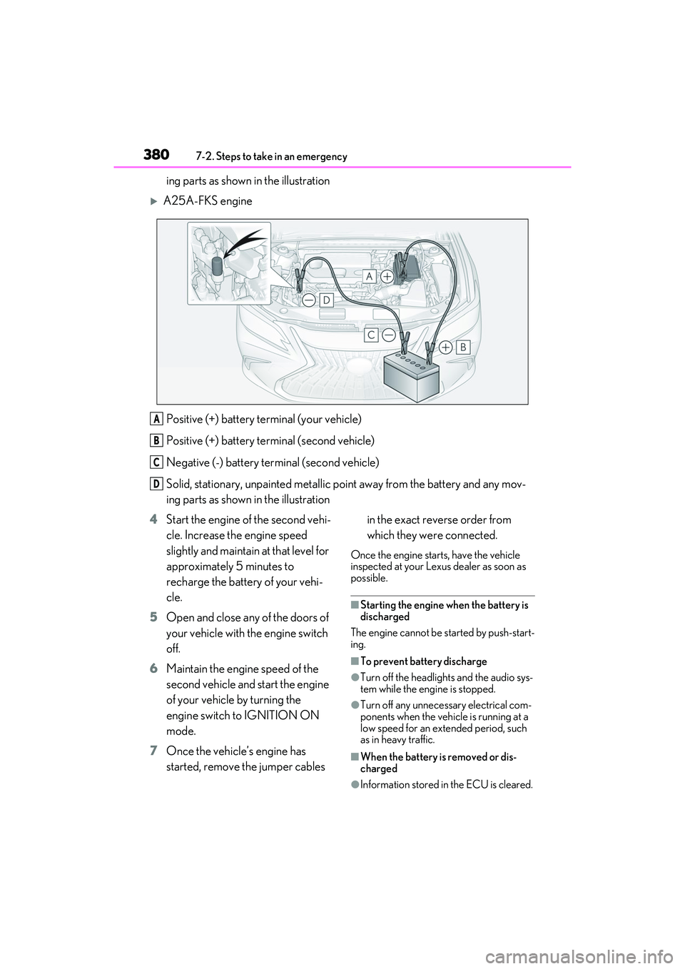 LEXUS ES350 2022 Service Manual 3807-2. Steps to take in an emergency
ing parts as shown in the illustration
A25A-FKS enginePositive (+) battery terminal (your vehicle)
Positive (+) battery terminal (second vehicle)
Negative (-) LEXUS ES350 2022 Service Manual 3807-2. Steps to take in an emergency
ing parts as shown in the illustration
A25A-FKS enginePositive (+) battery terminal (your vehicle)
Positive (+) battery terminal (second vehicle)
Negative (-)