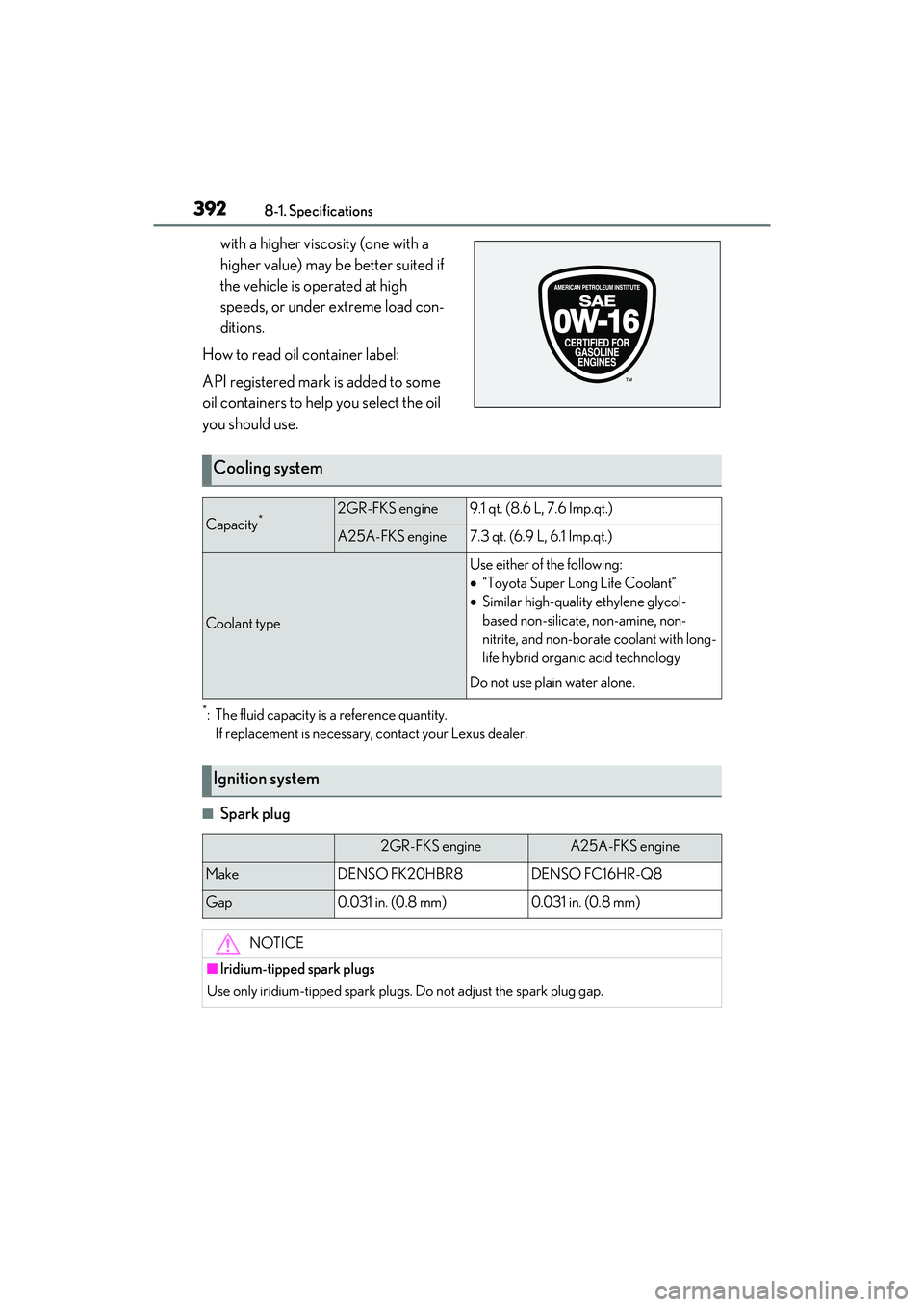 LEXUS ES350 2022 Owners Manual 3928-1. Specifications
with a higher viscosity (one with a
higher value) may be better suited if
the vehicle is operated at high
speeds, or under extreme load con-
ditions.
How to read oil containe LEXUS ES350 2022 Owners Manual 3928-1. Specifications
with a higher viscosity (one with a
higher value) may be better suited if
the vehicle is operated at high
speeds, or under extreme load con-
ditions.
How to read oil containe