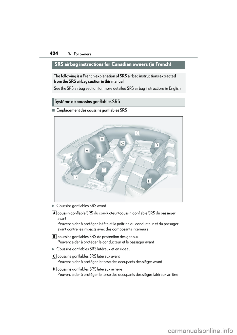 LEXUS ES350 2022 Owners Manual 4249-1. For owners
■Emplacement des coussins gonflables SRS
Coussins gonflables SRS avant
coussin gonflable SRS du conducteur /coussin gonflable SRS du passager
avant
Peuvent aider à protéger LEXUS ES350 2022 Owners Manual 4249-1. For owners
■Emplacement des coussins gonflables SRS
Coussins gonflables SRS avant
coussin gonflable SRS du conducteur /coussin gonflable SRS du passager
avant
Peuvent aider à protéger