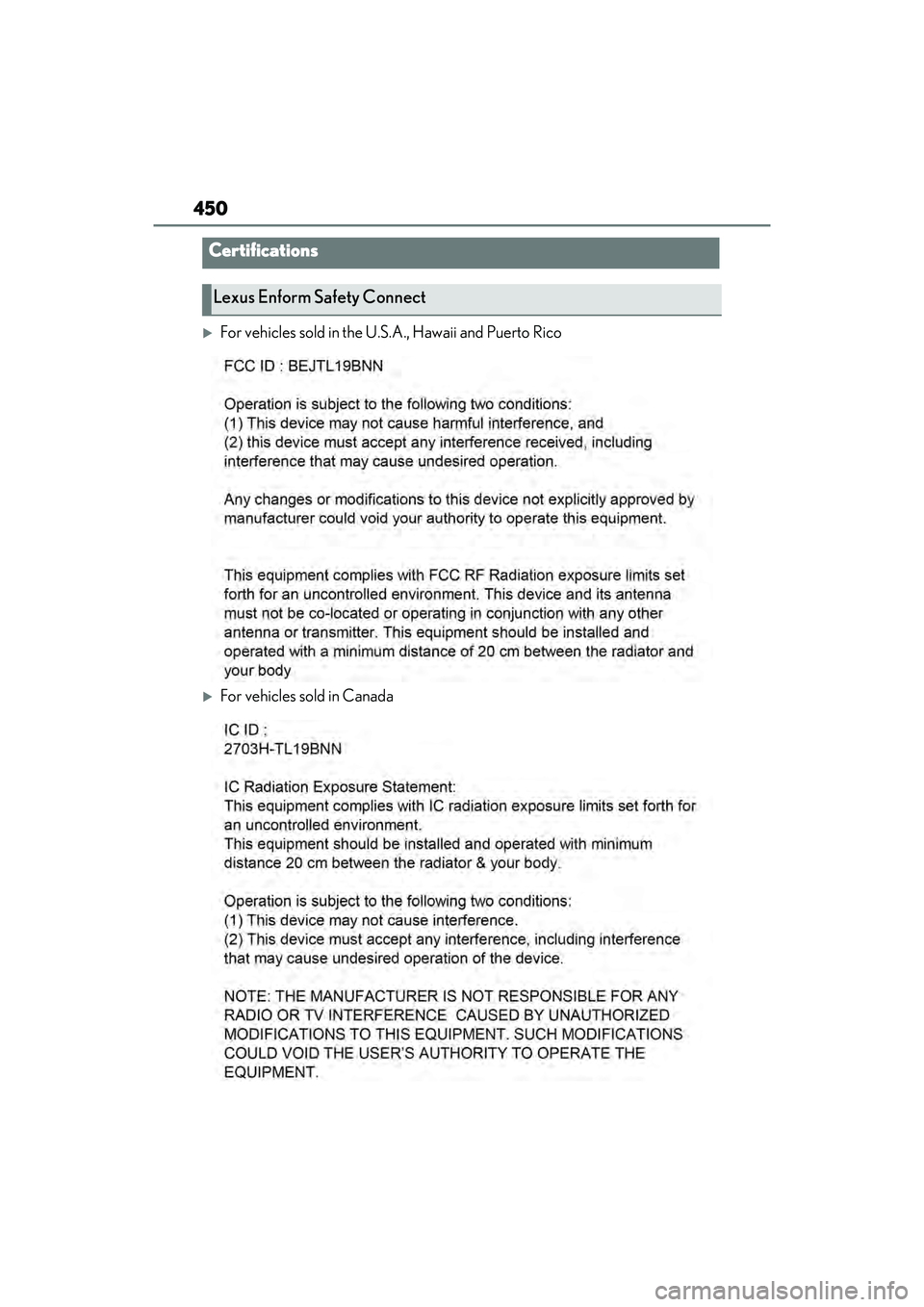 LEXUS ES350 2022  Owners Manual 450
For vehicles sold in the U.S.A., Hawaii and Puerto Rico
For vehicles sold in Canada
Certifications
Lexus Enform Safety Connect 