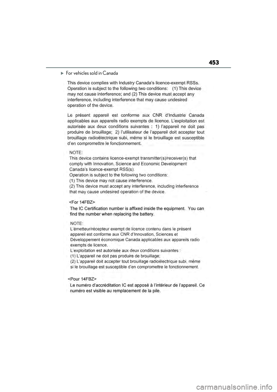 LEXUS ES350 2022  Owners Manual 453
For vehicles sold in Canada 