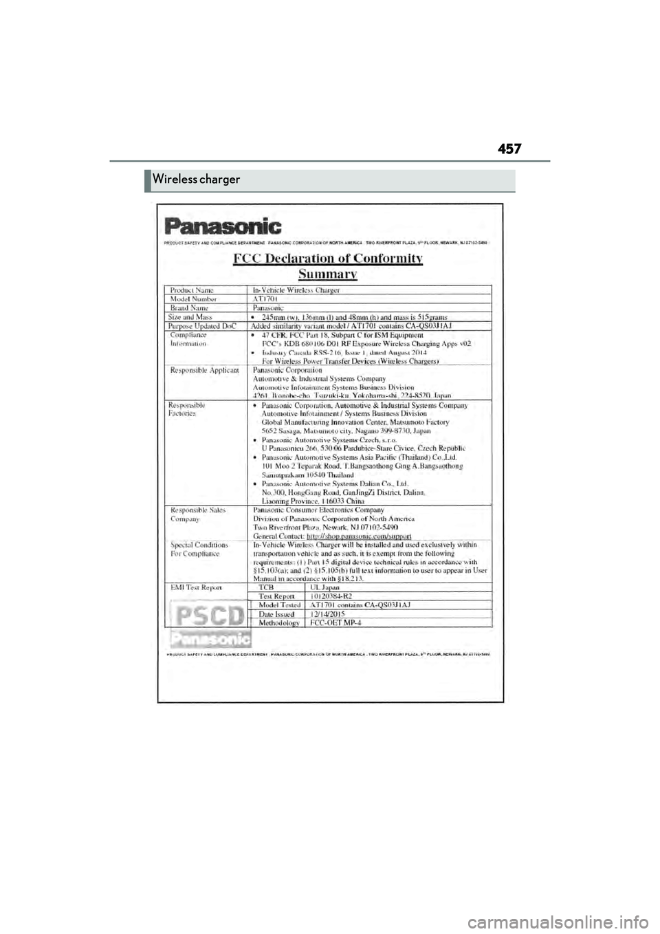 LEXUS ES350 2022  Owners Manual 457
Wireless charger 