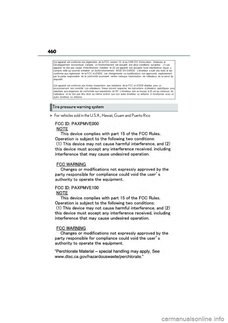 LEXUS ES350 2022  Owners Manual 460
For vehicles sold in the U.S.A., Hawaii, Guam and Puerto Rico
Tire pressure warning system 