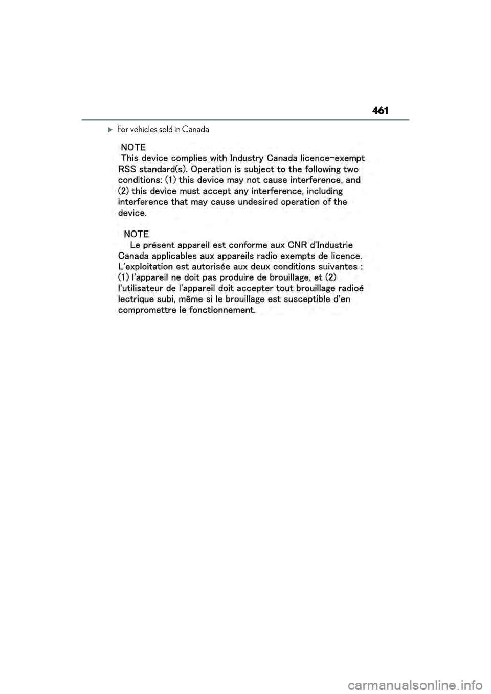 LEXUS ES350 2022  Owners Manual 461
For vehicles sold in Canada 