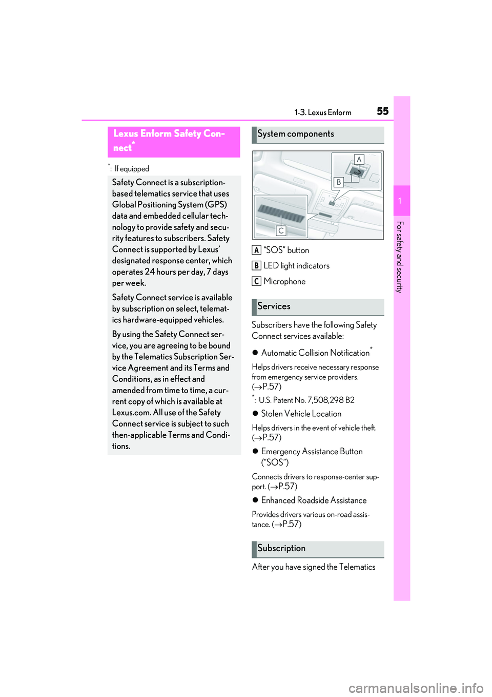 LEXUS ES350 2022 Workshop Manual 551-3. Lexus Enform
1
For safety and security
1-3.Lexus Enform
*: If equipped
“SOS” button
LED light indicators
Microphone
Subscribers have the following Safety 
Connect services available:
 Au