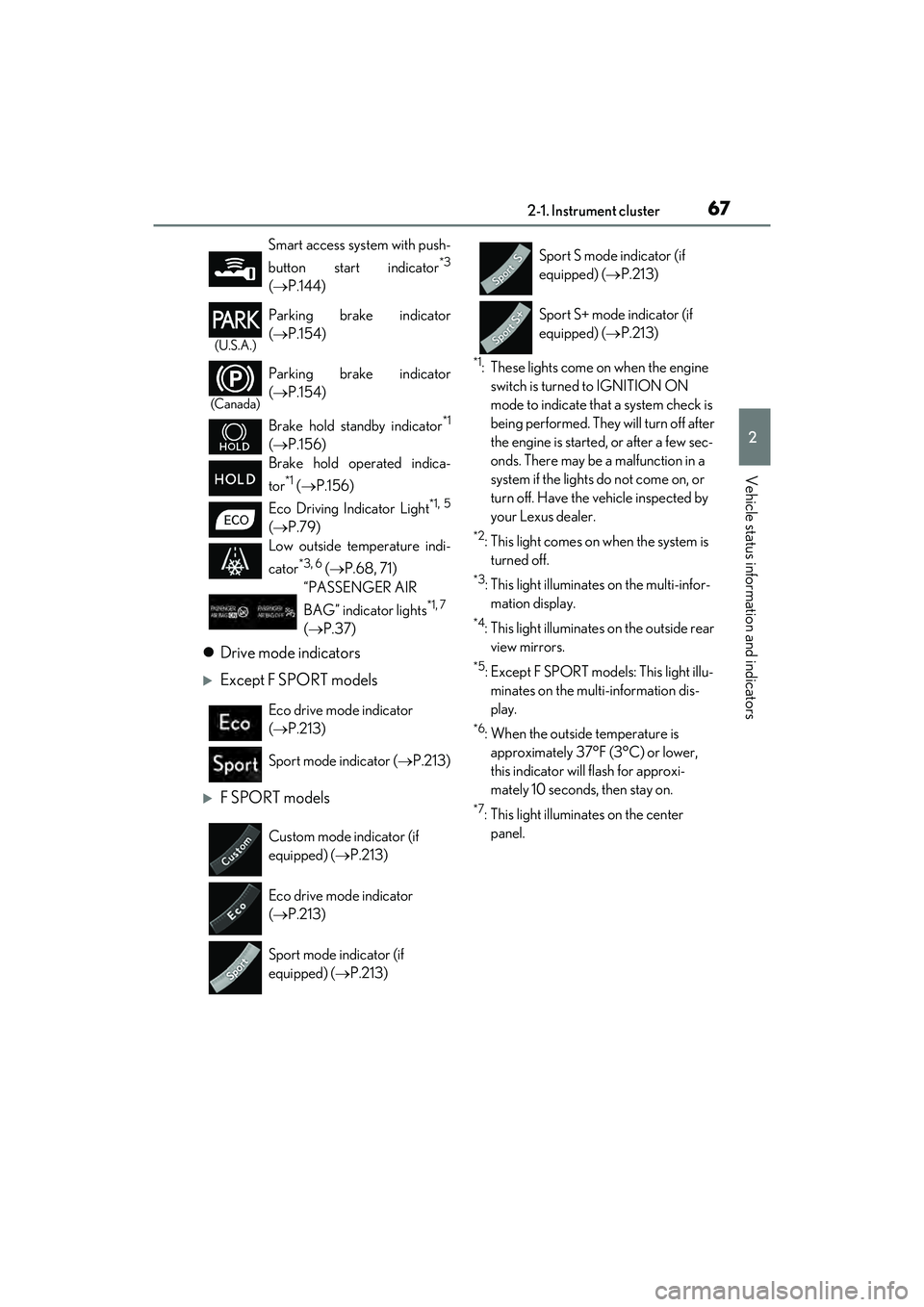 LEXUS ES350 2022 Owners Manual 672-1. Instrument cluster
2
Vehicle status information and indicators
Drive mode indicators
Except F SPORT models
F SPORT models
*1: These lights come on when the engine
switch is turned to LEXUS ES350 2022 Owners Manual 672-1. Instrument cluster
2
Vehicle status information and indicators
Drive mode indicators
Except F SPORT models
F SPORT models
*1: These lights come on when the engine
switch is turned to