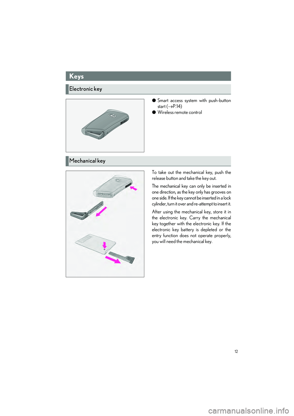 LEXUS ES350 2023  Owners Manual 12
ES350_ES250_QG_OM06255U_(U)
�OSmart access system with push-button
start ( P.14)
�O Wireless remote control
To take out the mechanical key, push the
release button and take the key out.
The mech
